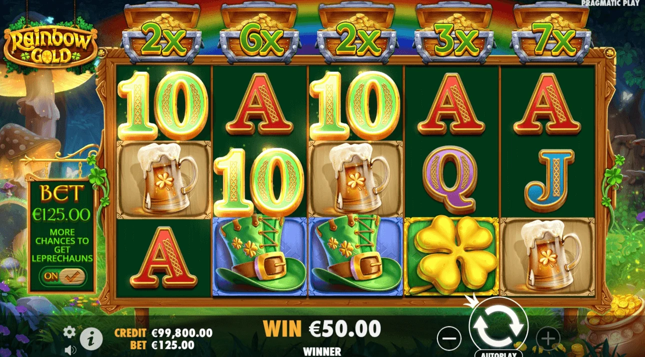 Rainbow Gold base game with a winning line of 10 symbols, a €50 win and pot multipliers running along the top of the reels